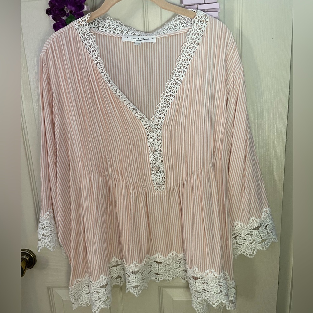 Chelsea & Theodore Pink and White Striped Blouse with Lace Trim